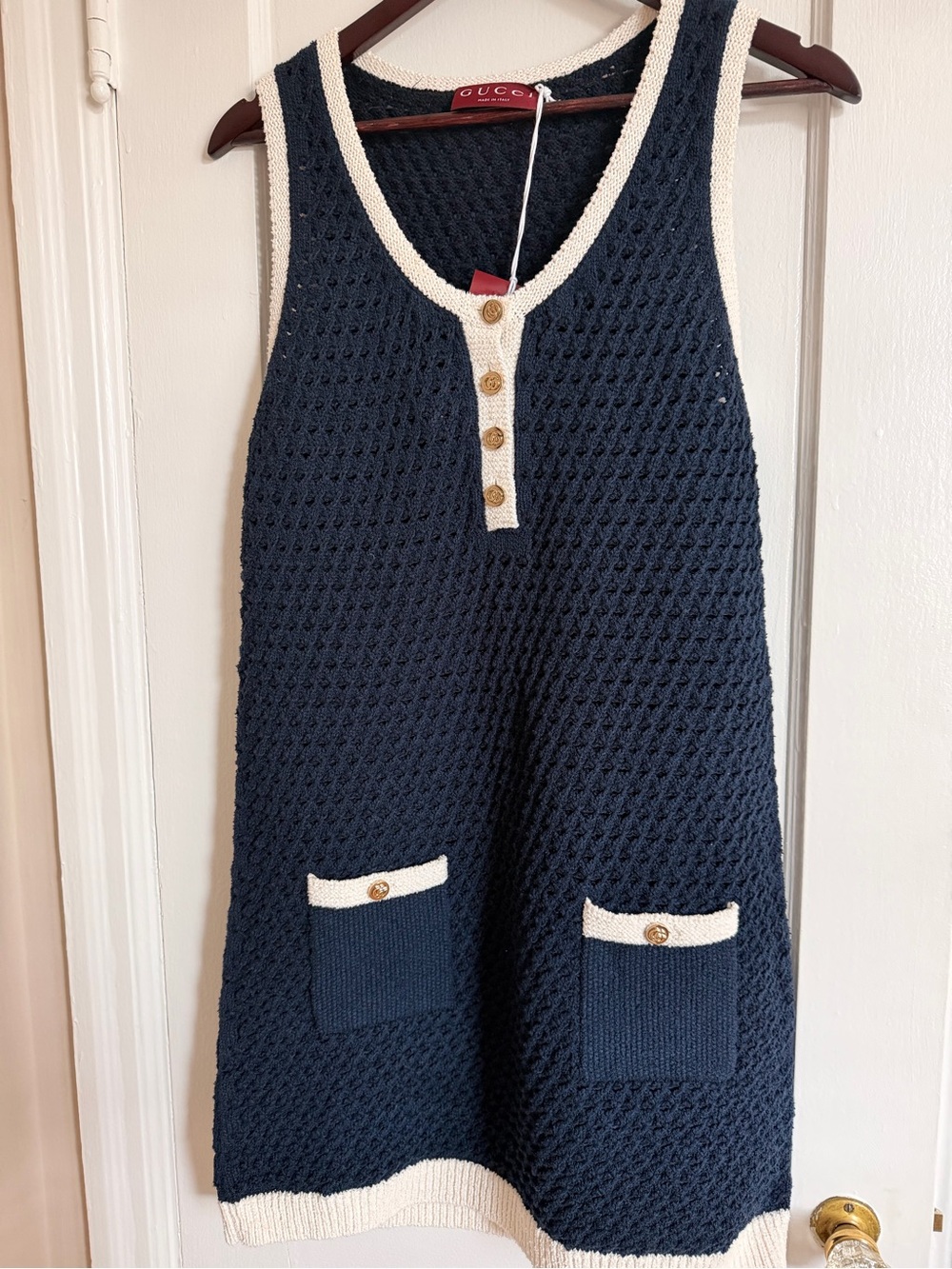 Gucci Navy and White Knit Mini Dress with Gold Buttons, NWT